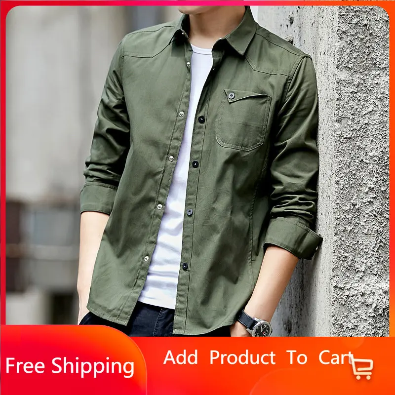 

Мужская хлопковая рубашка в стиле милитари, зеленая приталенная рубашка с карманами и длинными рукавами, винтажная куртка в стиле милитари,...