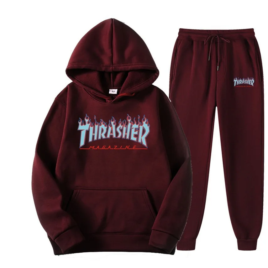 Blue THRASHER Print Alphabet men's hoodie Men plus fleece pullover men's hoodie Trend suit