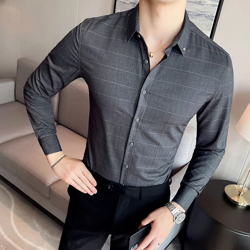 Brand Plaid Men's Long-sleeved Slim Fit Shirt 2021 Autumn Casual Handsome Cotton Men's White Shirt for Male Business Dress Tops