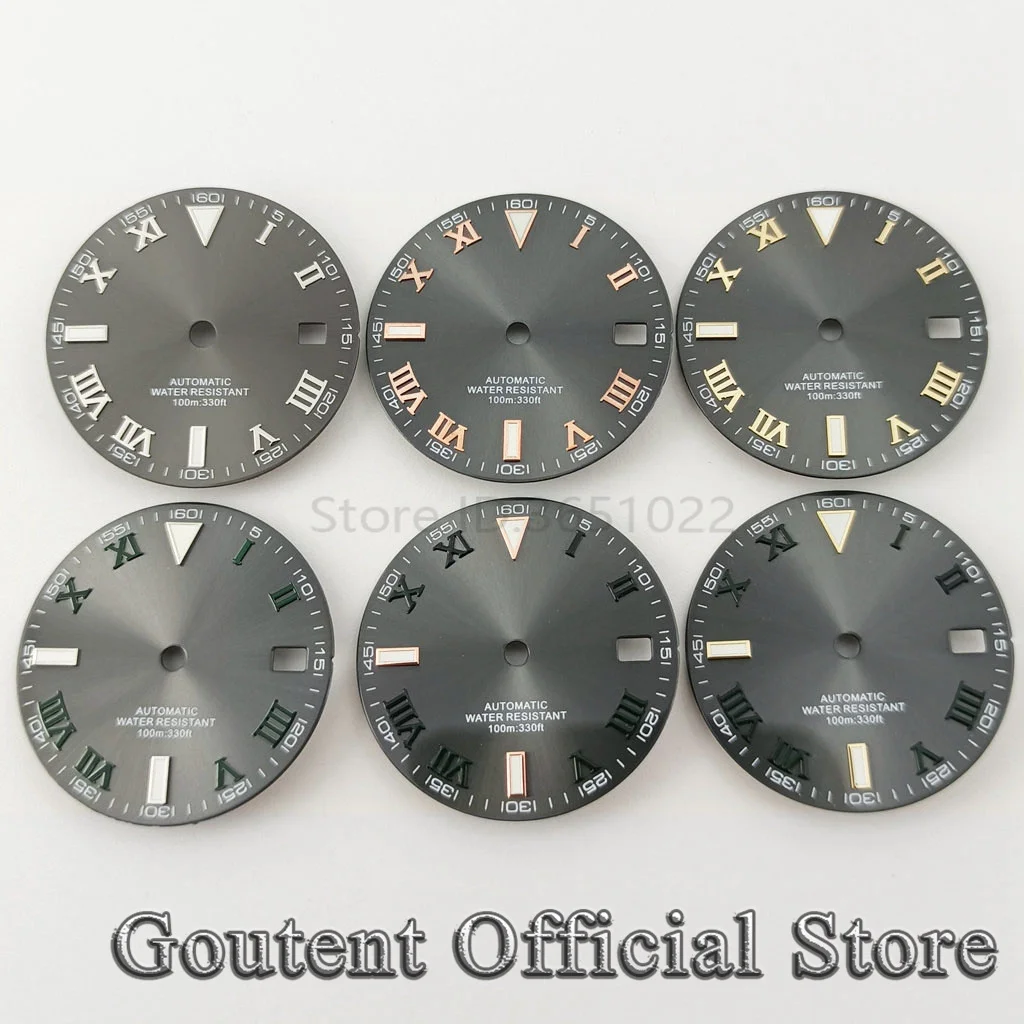 

Goutent 29mm Sterile Gray Roman Numeral Watch Dial Green Luminous Fit NH35 Automatic Movement