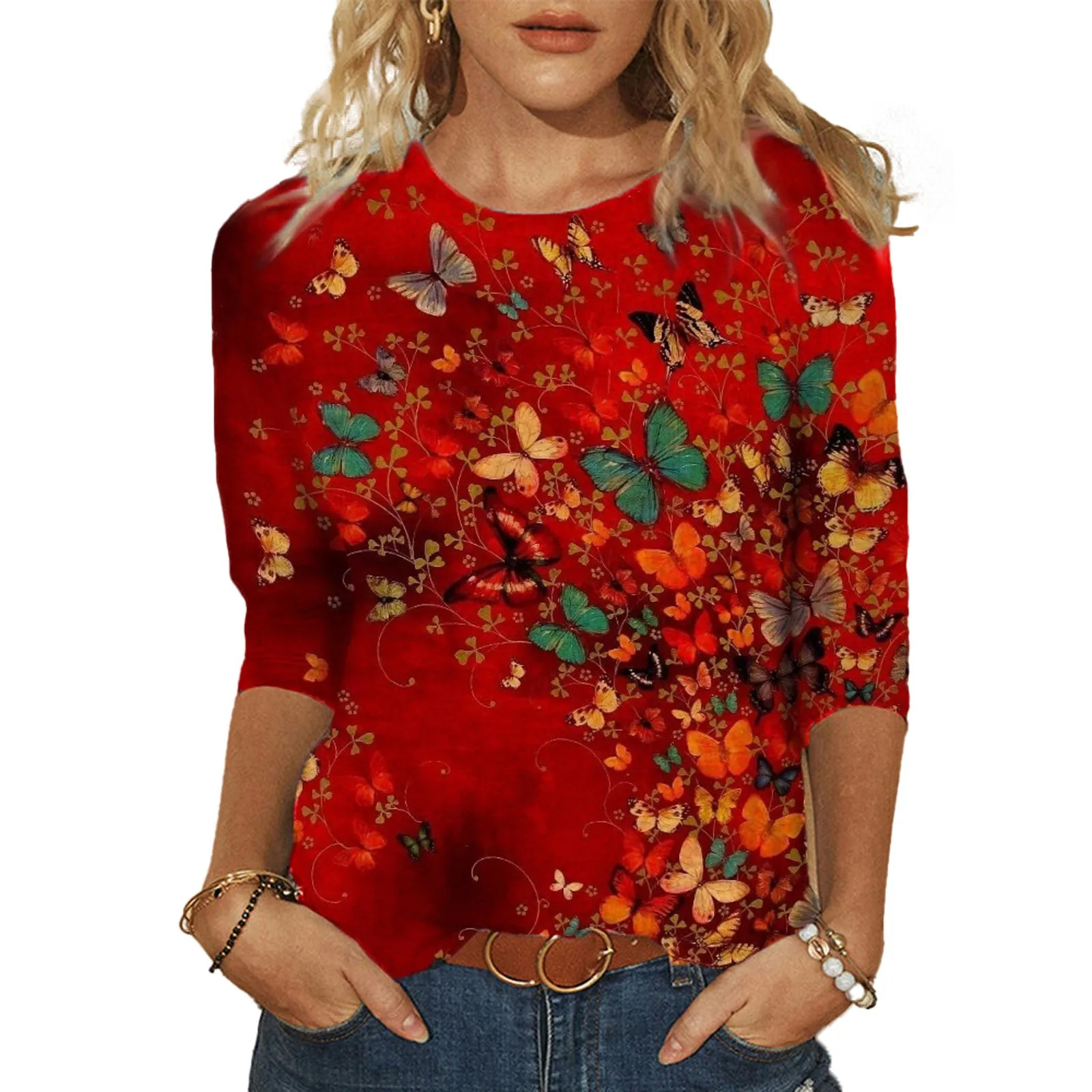 

Cotton Long Sleeve Tee Women Mid-length Spring Tops Tee Crew-Neck Women's Casual Printed sleeves Long Sleeve Top Teen Girl