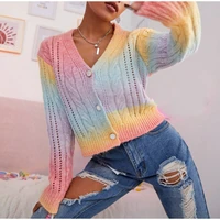 2022 rainbow tie dye sweaters gradient twist hollow out slim knitted sweater womens autumn long sleeve v neck sweater pullovers