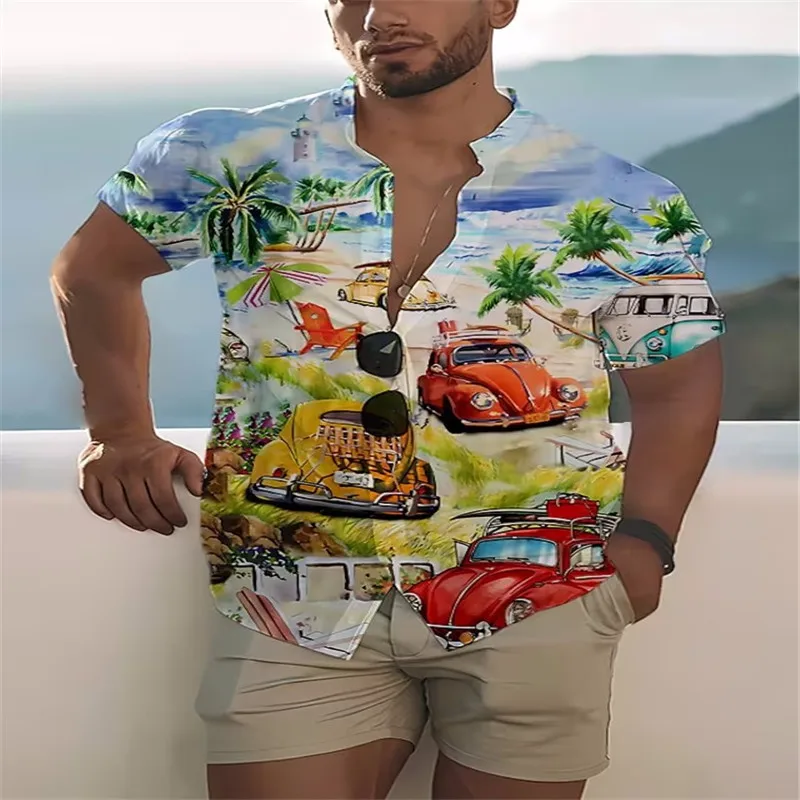 2023 Summer Hawaiian Men's Shirt Automobile 3D Camisa Short Sleeve Shirts For Men Casual Top Oversized Tee Shirt Men Clothing