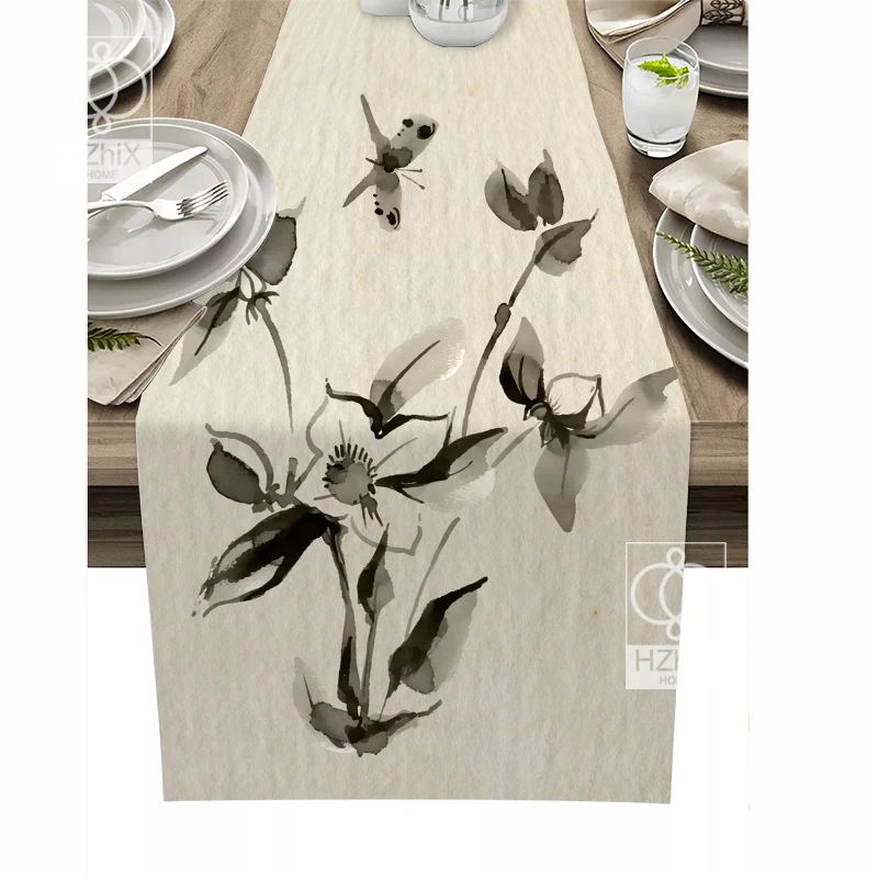 

Modern Chinese Table Runner Ink Painting Simple Rectangular Waterproof Tablecloth Party Wedding Decor Living Room Dining Table