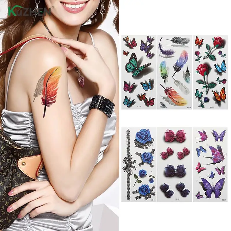 

1PCS 3D Butterfly Rose Flower Feather Tattoo Temporary Tattoos Sticker Women Body Art Tattoo Sticker Waterproof Halloween Gift
