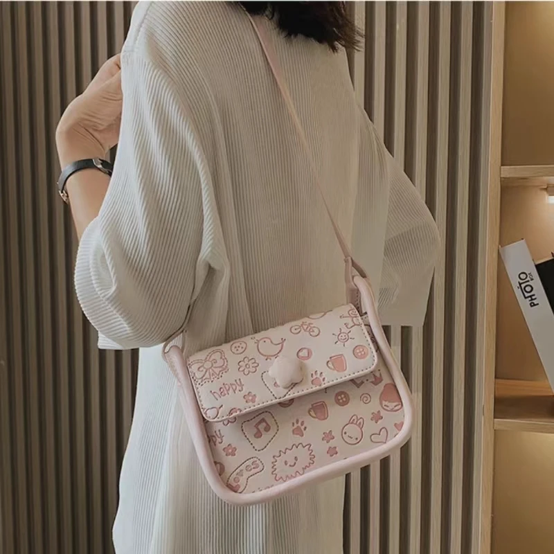 Girls Cute Fashion Ins Style Printed Shoulder Bags Women Square Kawaii Casual Versatile Portable Commute Messenger Crossbody Bag