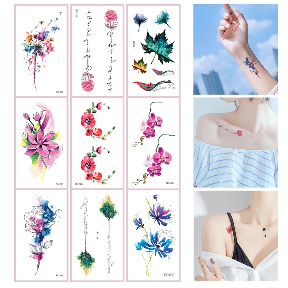 52 Kinds Watercolor Flora Lavender Waterproof Fake Tattoos Temporary Women Arm Chest Ankle Stickers Floral Body Art Tatto Flower