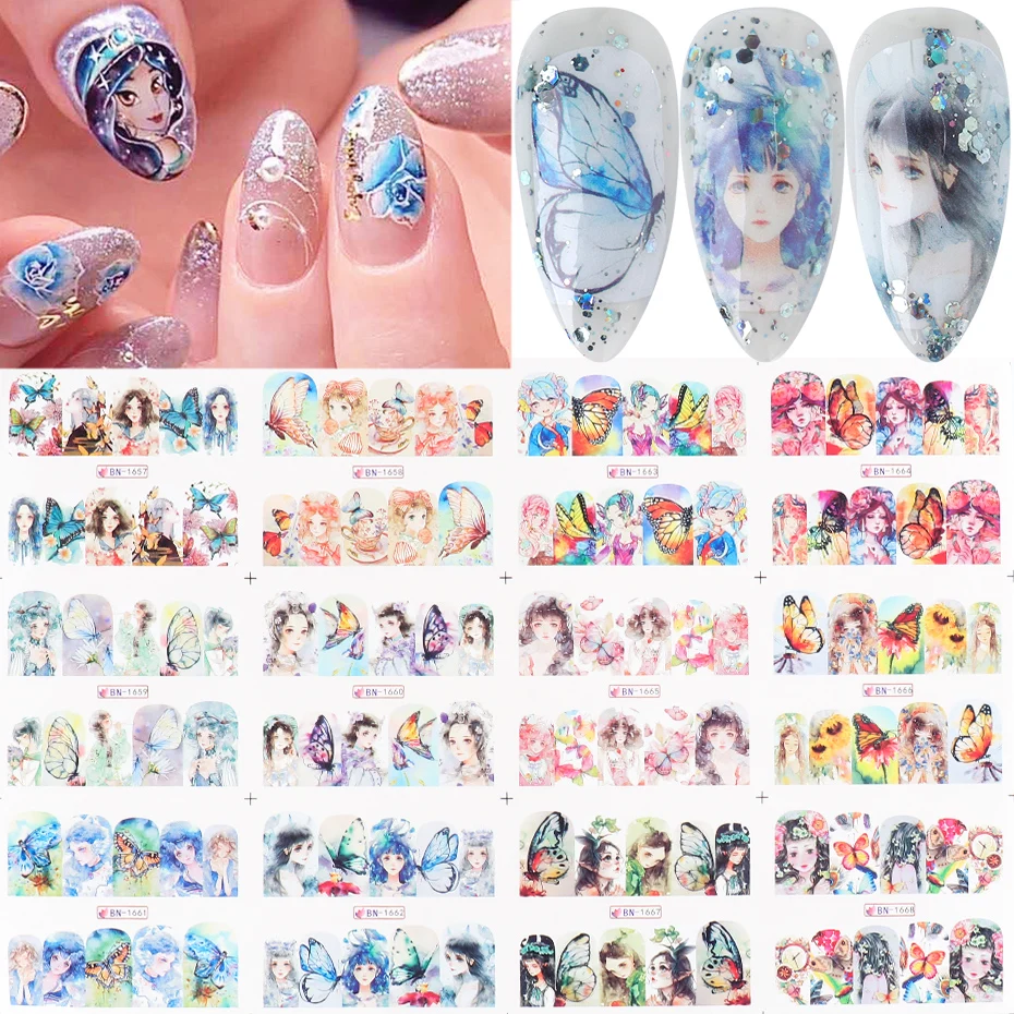 

12 Designs Charm Anime Girl Nail Water Decals Goddess Winter Sticker Butterfly Fairy Sliders Manicure Accessories LYBN1657-1668