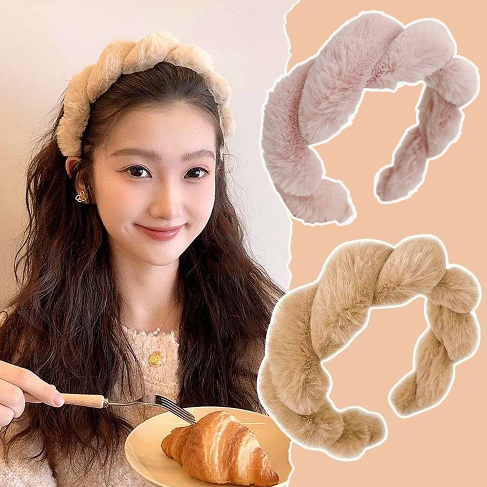 

Plush Thicken Headbands Winter Headwear Faux Fur Twist Hairbands Imitation Rabbit Fur Braid Hair Hoop Fluffy Solid Head Hoop