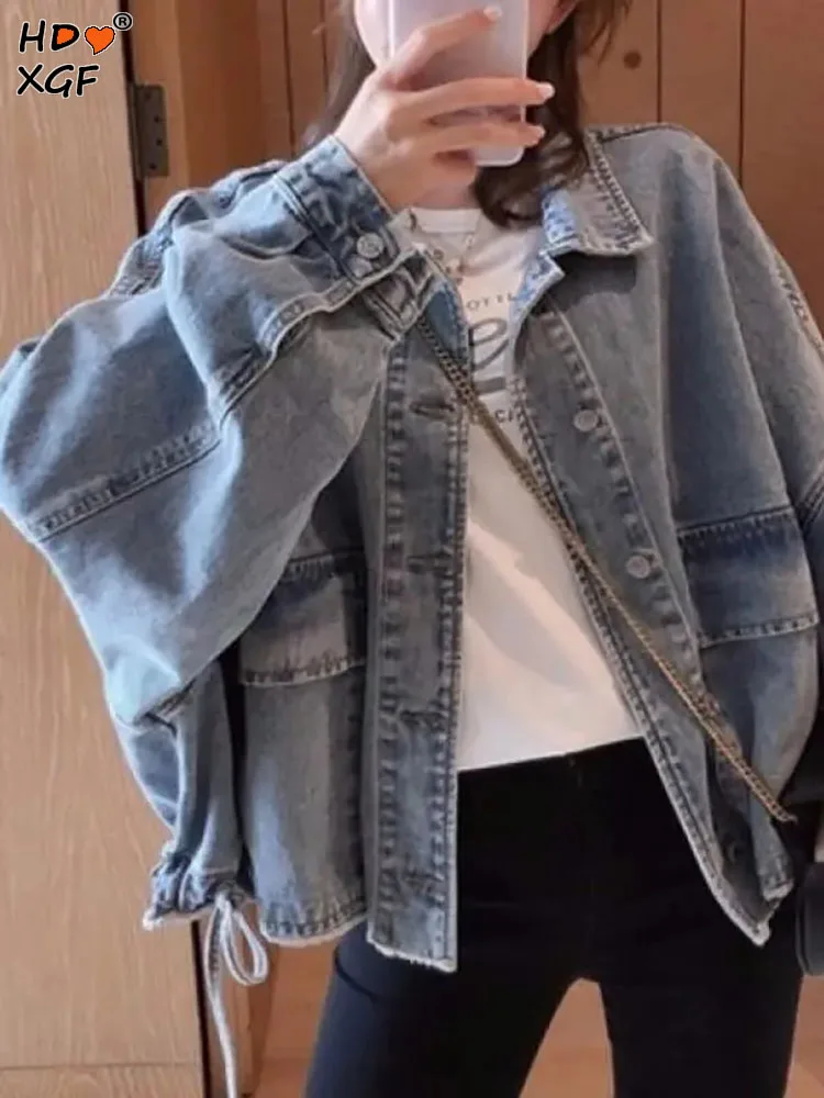 

Vintage Drawstring Bow Do Old Short Denim Jacket Fashion Women Lapel Single Breasted Outerwear Simple All-match Coats Streetwear