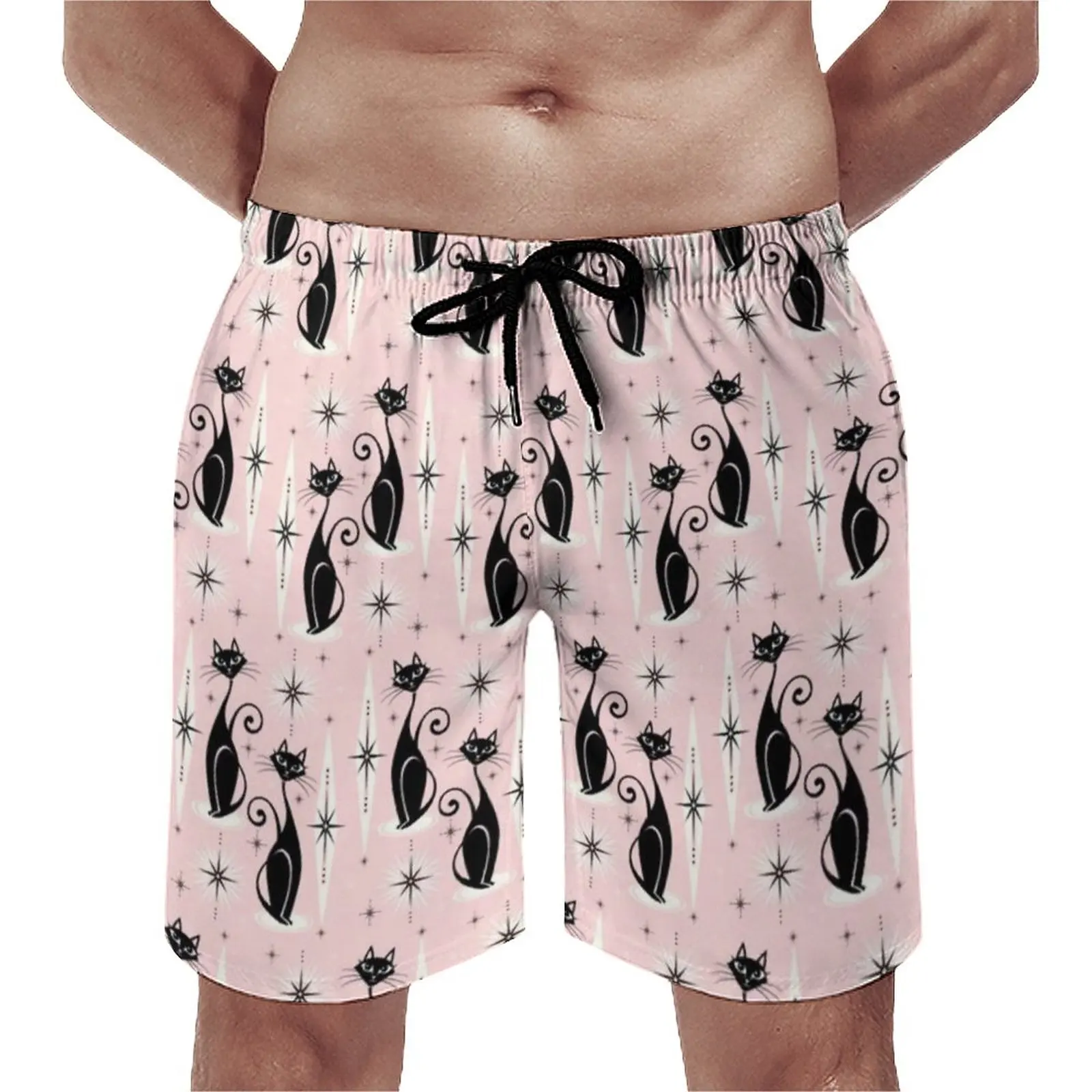 

Retro Black Cat Gym Shorts Summer Mid Century Meow Hawaii Beach Short Pants Man Surfing Quick Dry Graphic Beach Trunks