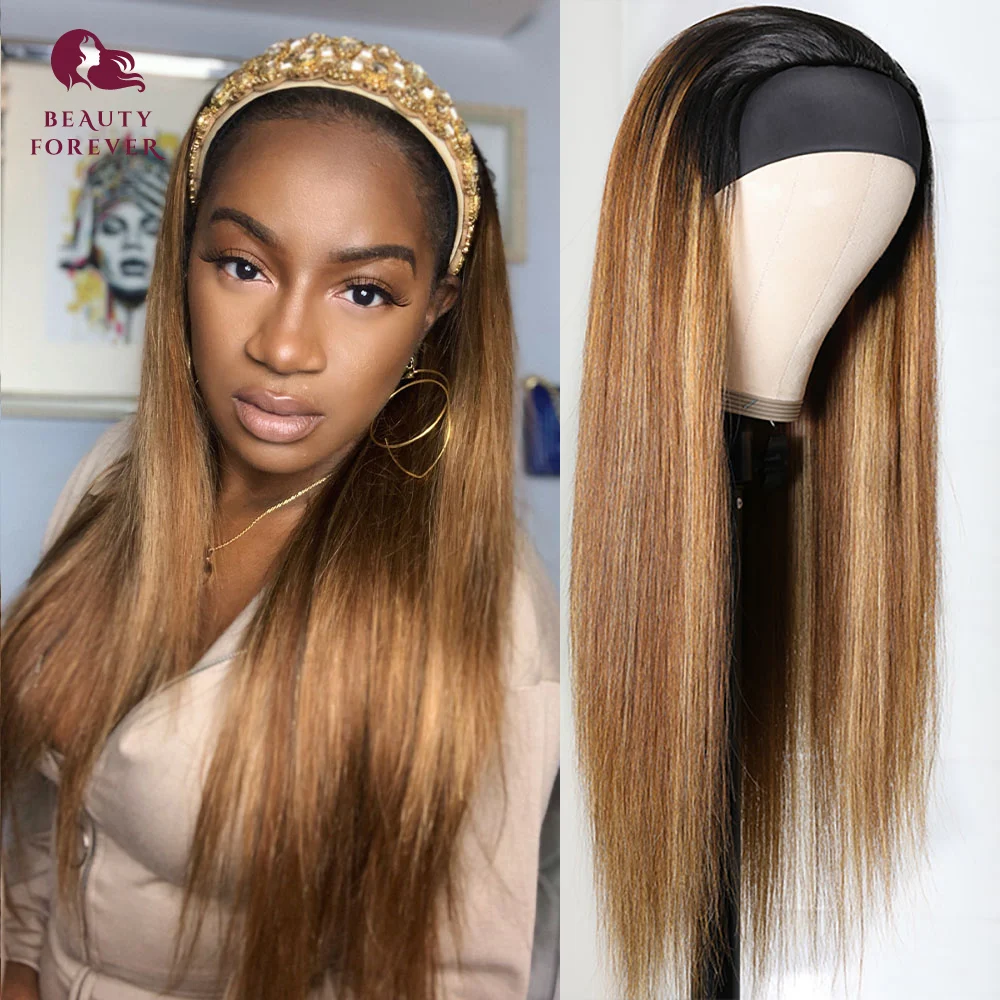 

Beauty Forever Glueless Headband Wigs Brazilian Straight Wig Ombre Dark Roots Honey Blonde Human Hair Wig Beginner Friendly