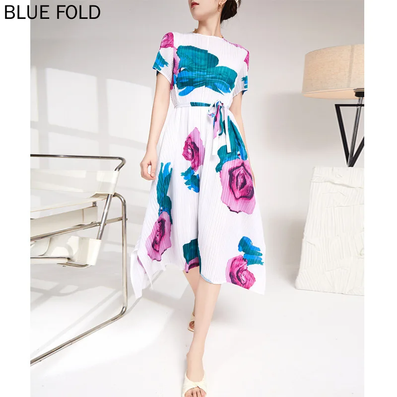 Fashionable Pleated Dress Temperament High-end Midsummer Vacation C-position Wear with Waist Tie Print Mid-length Dresses MIYAKE