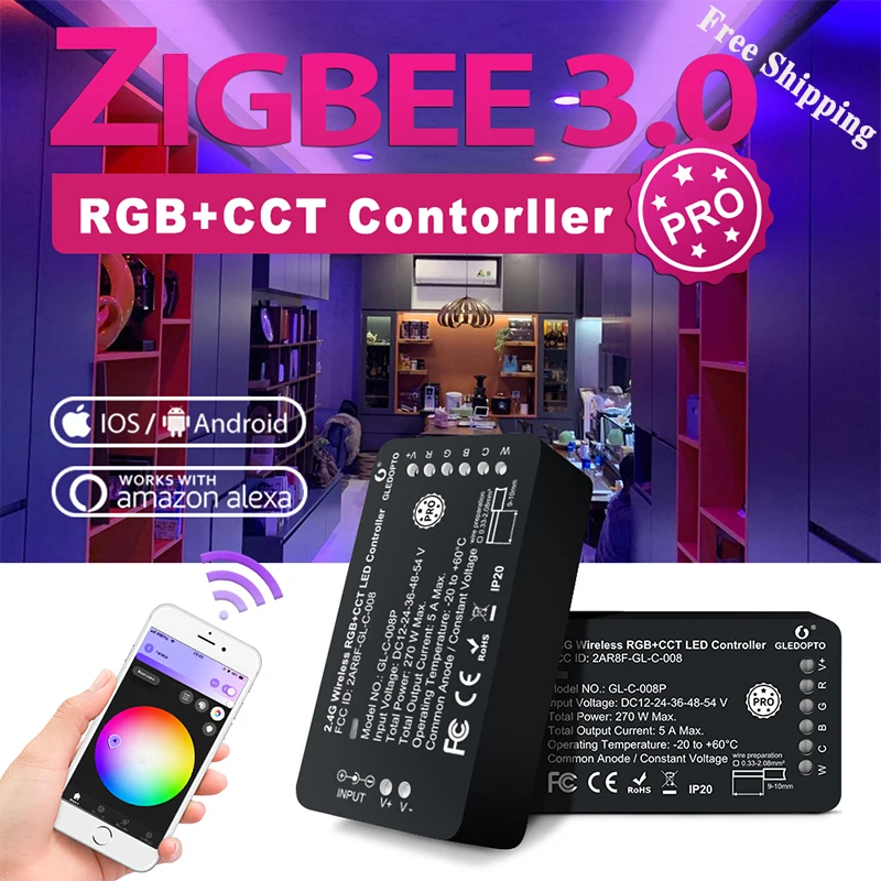 

GLEDOPTO ZigBee RGB + CCT LED Strip Controller plus DC12-24V and zigbee3.0 PRO LED Controller Work With smartThings echo plus