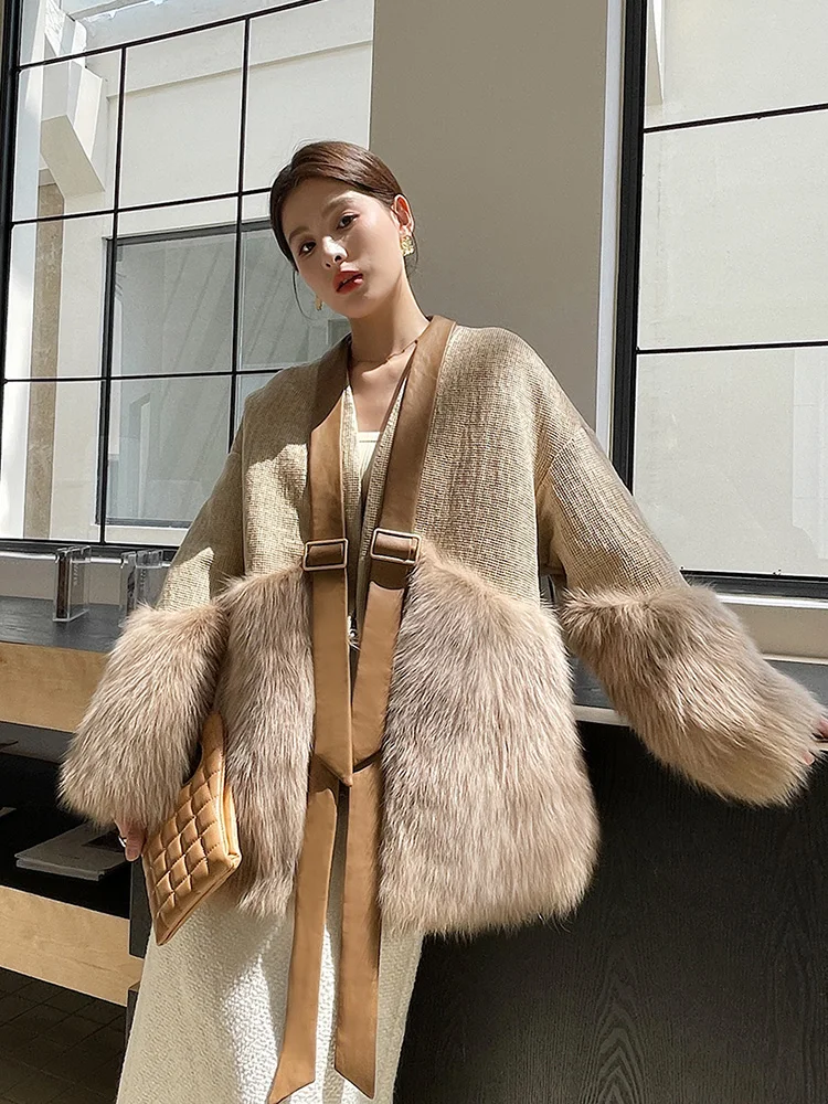 New Women Real Fur Coat Autumn Winter Vintage Elegant V-Neck Fox Fur Wool Blended Patchwork Sheepskin Fur Jacket Loose Outerwear