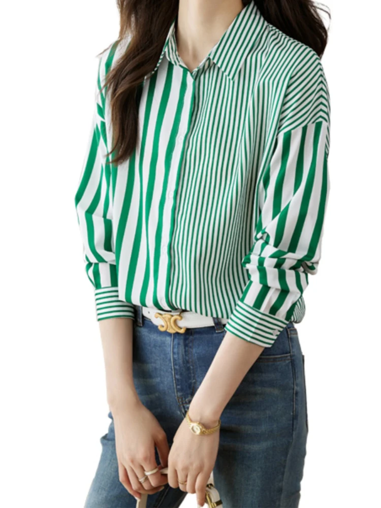 Женская шифоновая блузка EVNISI в зеленую полоску с принтом воротник-поло шикарная