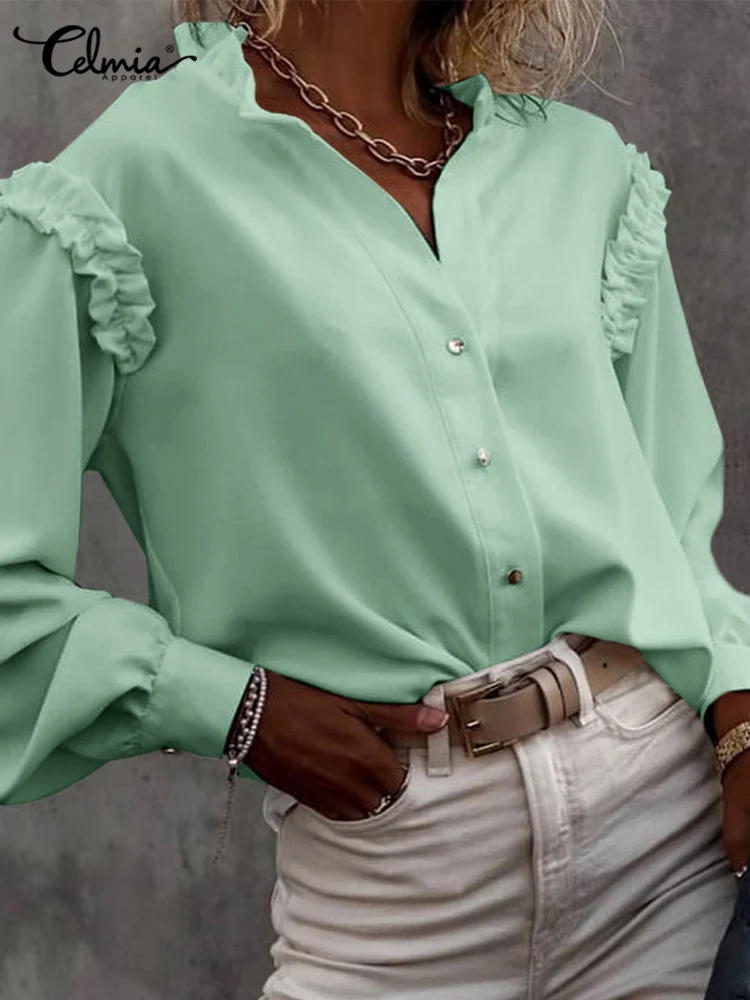 

Women Casual Lantern Sleeve Shirts Celmia Elegant Ruffled V-neck Solid Chic Tops 2022 Autumn Fashion Pleats Stitching Blouses