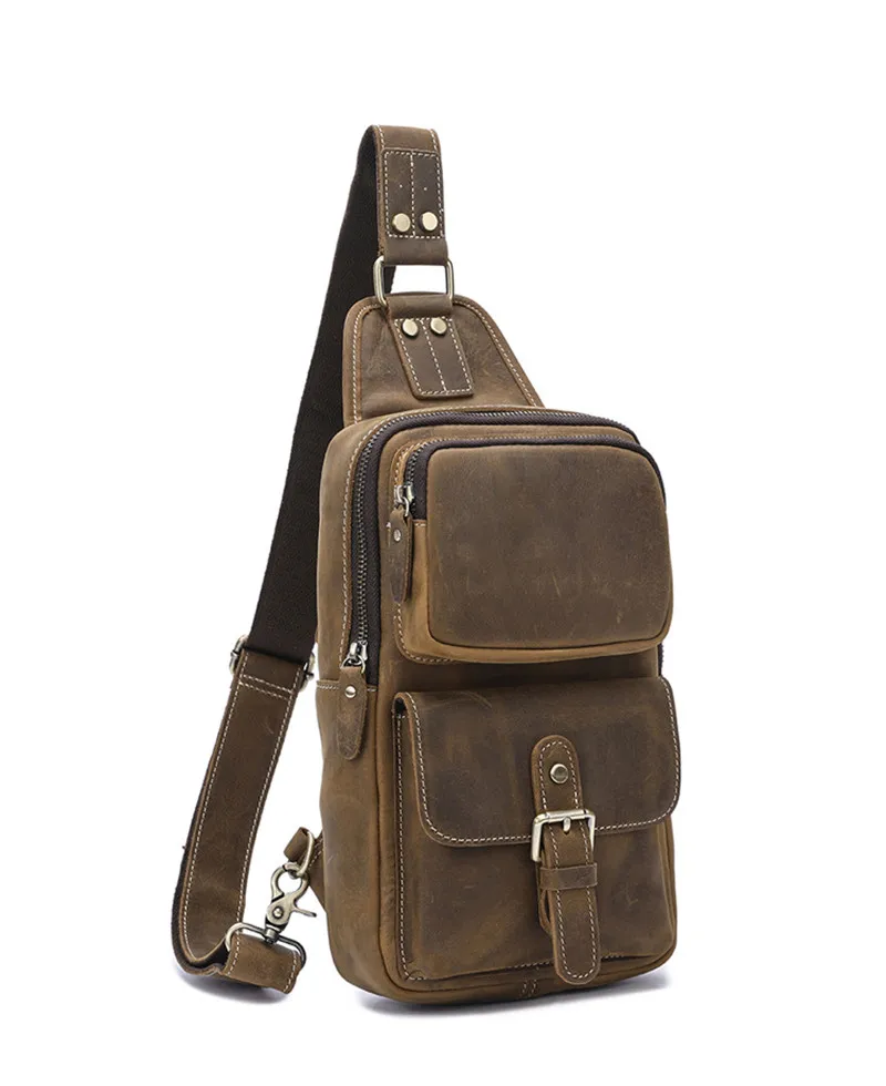 Vintage crazy horse cowhide men's chest bag fashion outdoor daily travel natural genuine leather multi-pocket shoulder bag