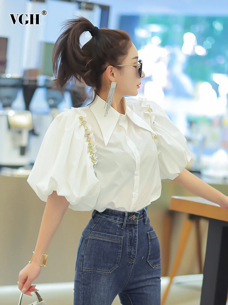 

VGH High Street Patchwork Diamonds Shirts For Women Lapel Short Puff Sleeve Single Breasted Blouses Female 2022 Summer Clothing