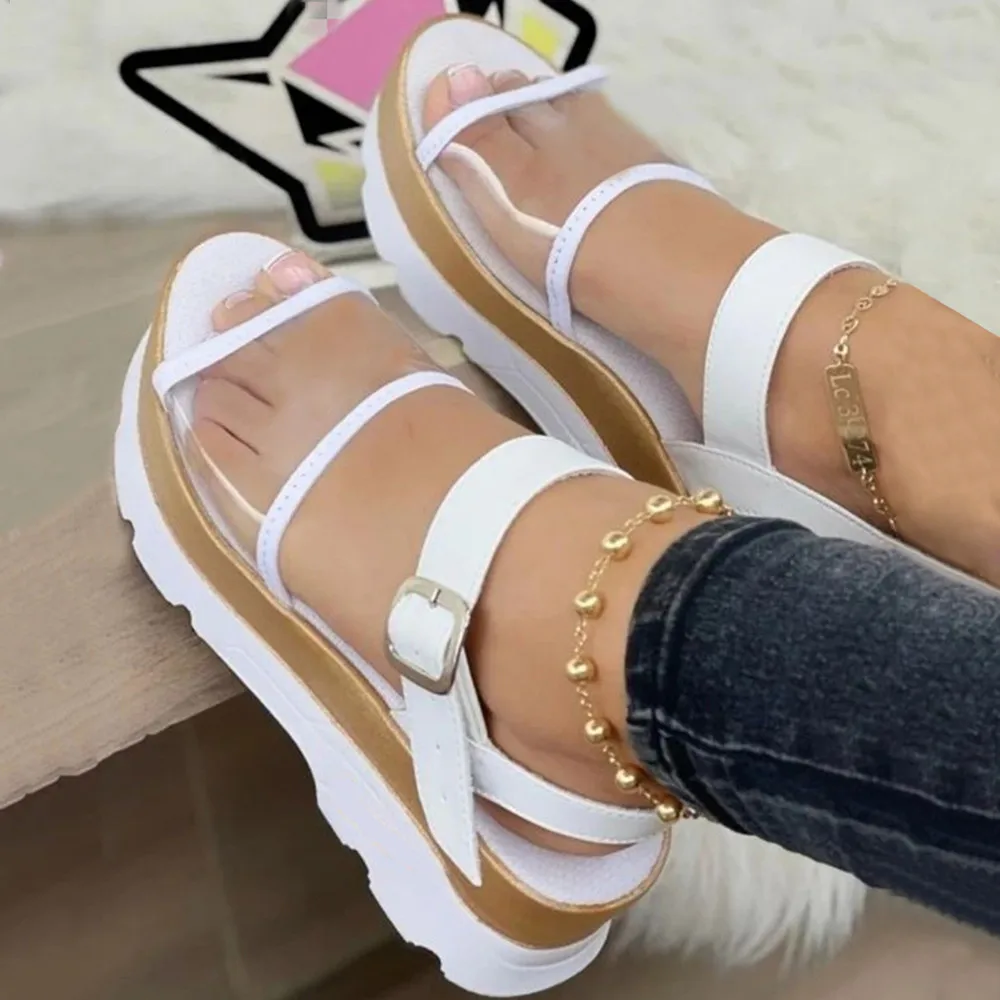

Summer Women Solid Sandals Thick Sole Transparent Upper Open Toe Buckle Strap Plus Size Sandals Fashion Sandalias de mujer