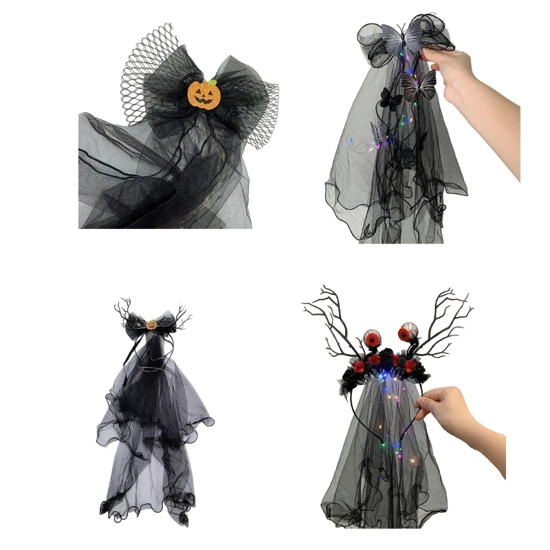 

Light up Halloween Rose Headband with Veil Rose Ghosted Bride Party Wear Gift