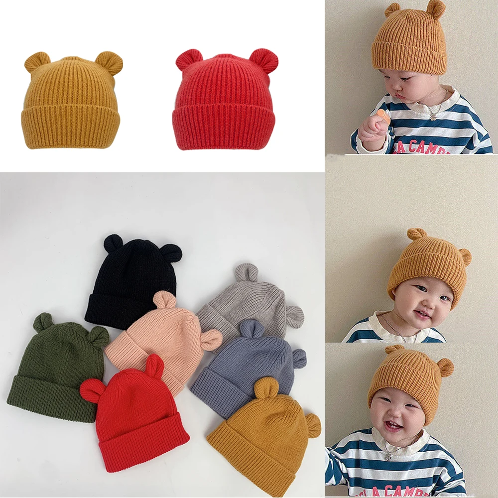 Enlarge Cute Cartoon Bear Ear Baby Hat Winter Soft Warm Knitted Boy Girl Hats Beanie Solid Color Infant Toddler Cap Bonnet Kids Caps 4.8