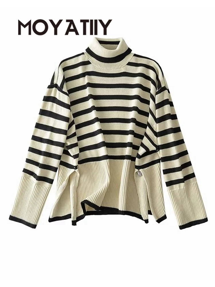 

MOYATIIY 2022 Winter Women Sweater Chic Striped Oversized Pullover Sweaters Turtleneck Long Sleeve Ladies Knitted Jumper Tops