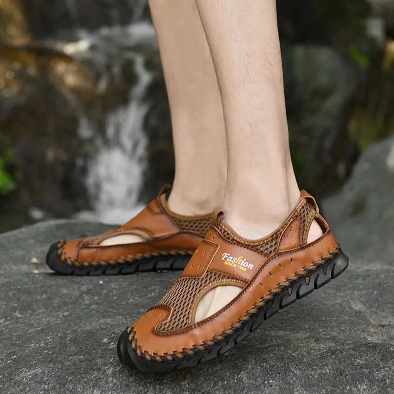 

Новинка; Летние дышащие мужские сандалии; Модные римские сандалии; Мужская повседневная обувь из сетчатого материала ручной работы; Мужские пляжные сандалии на платформе