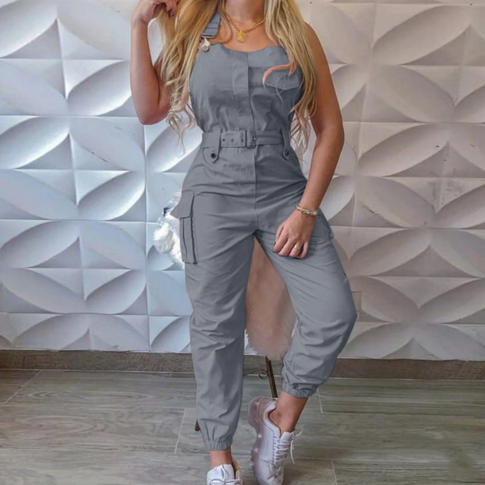 

2023 New Style Playsuits Women Solid Color Cargo Jumpsuit With Waistband Square Collar Sleeveless Overalls