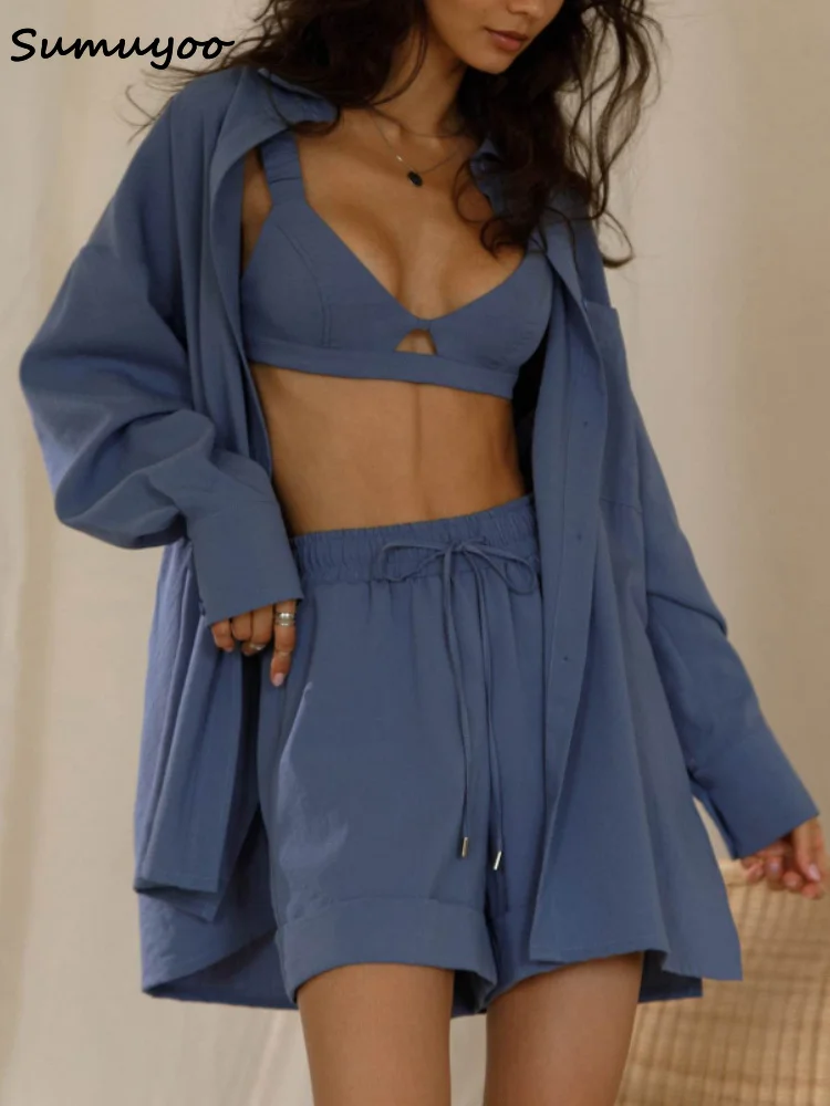 

Sumuyoo Stylish Bamboo Joint Cotton Women Loose Shirt + Short Pants 2 Pieces Sets Summer High Waist Short Sets Shirts Suit 2022