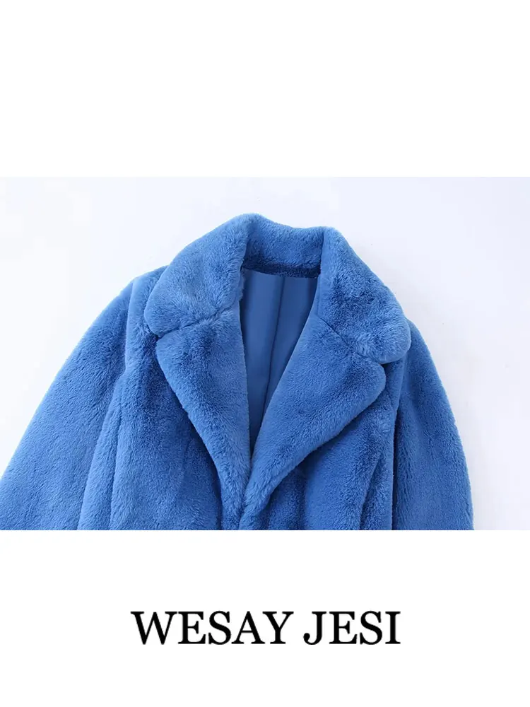 WESAY JESI Women's Winter Clothing Blue Faux Fur Lapel Cropped Jacket Long Sleeve Warm Loose Coats Female Casual Chic Outerwear