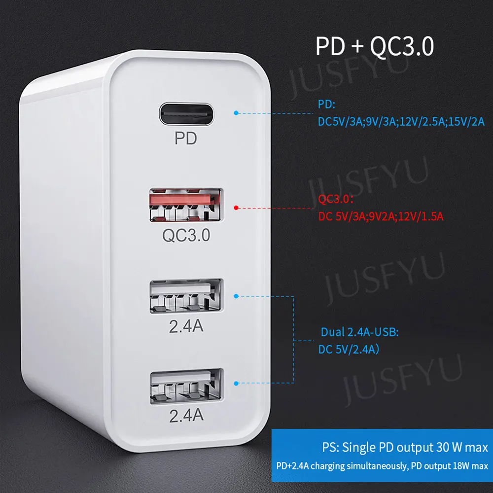 48W 4 Port Quick Charger PD USB Charger For iPhone 14 13 12 Xiaomi Samsung Tablet QC 3.0 Fast Wall Charger EU UK AU Plug Adapter