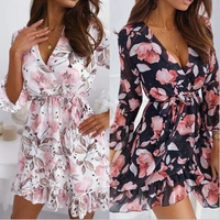 2022 new european and american sexy v neck printed lace up casual foreign trade 9 sleeve ruffle dress