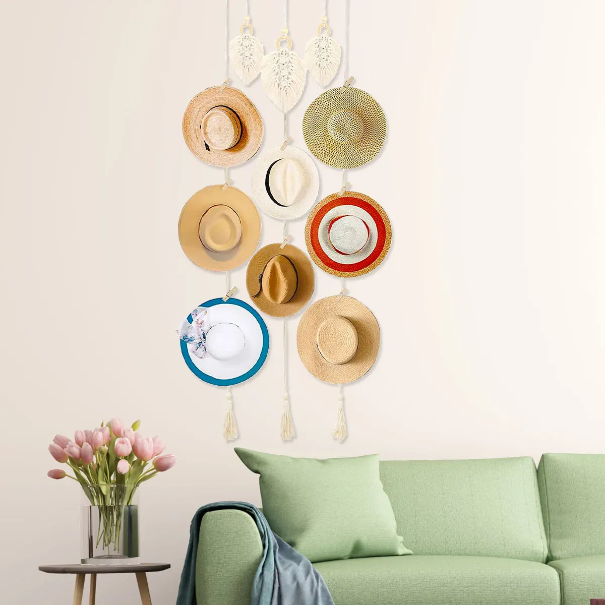 

Hat Organizer Hand Weaving Decorative Hat Hanger Boho Style Hat Rack Tassels Multipurpose Hat Storage Holder with Clips and Hook