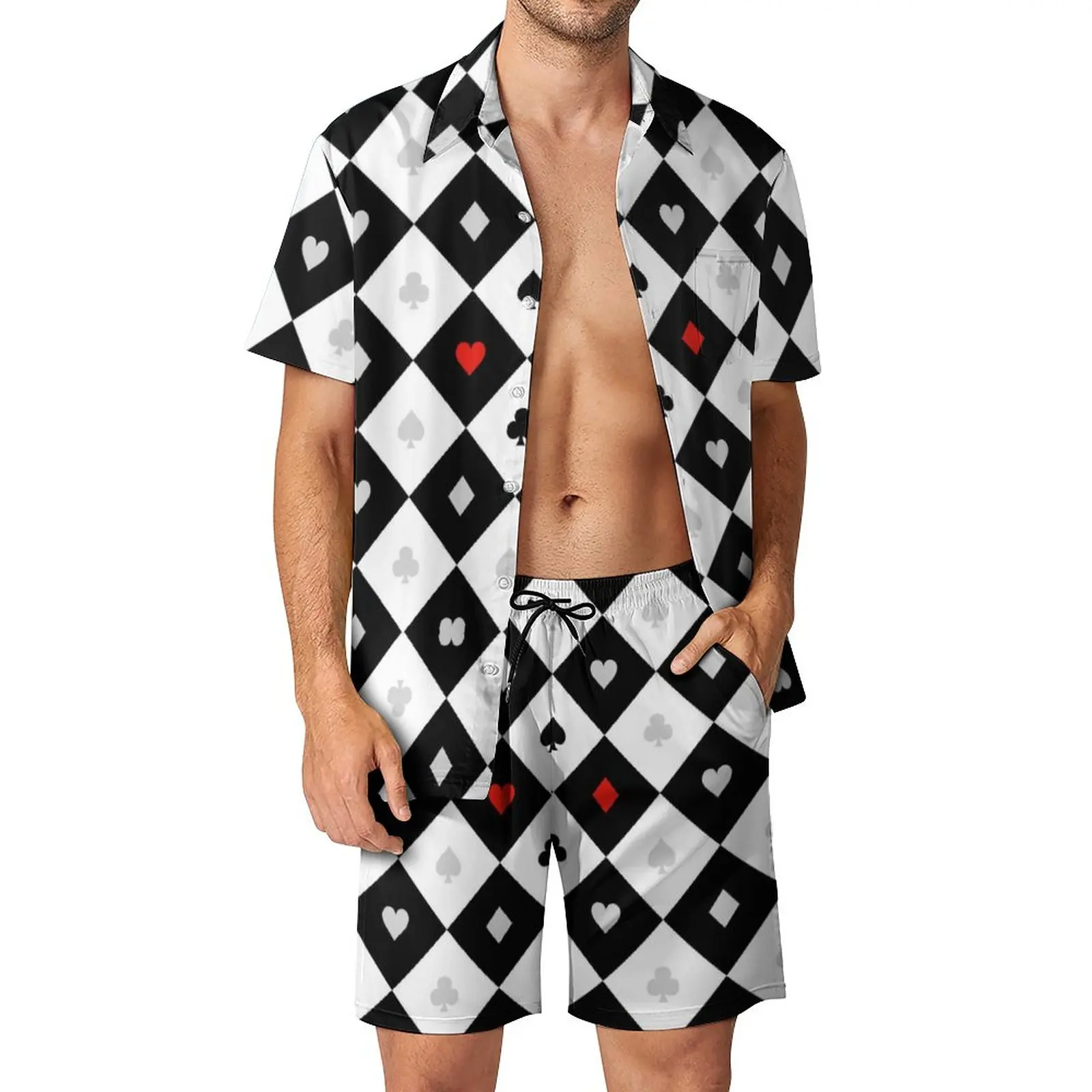 

Пляжные мужские наборы с сердечками, играми в покер, повседневный комплект рубашки, летние шорты с узором, костюм из двух частей для Гаваи, искусственная кожа 3XL