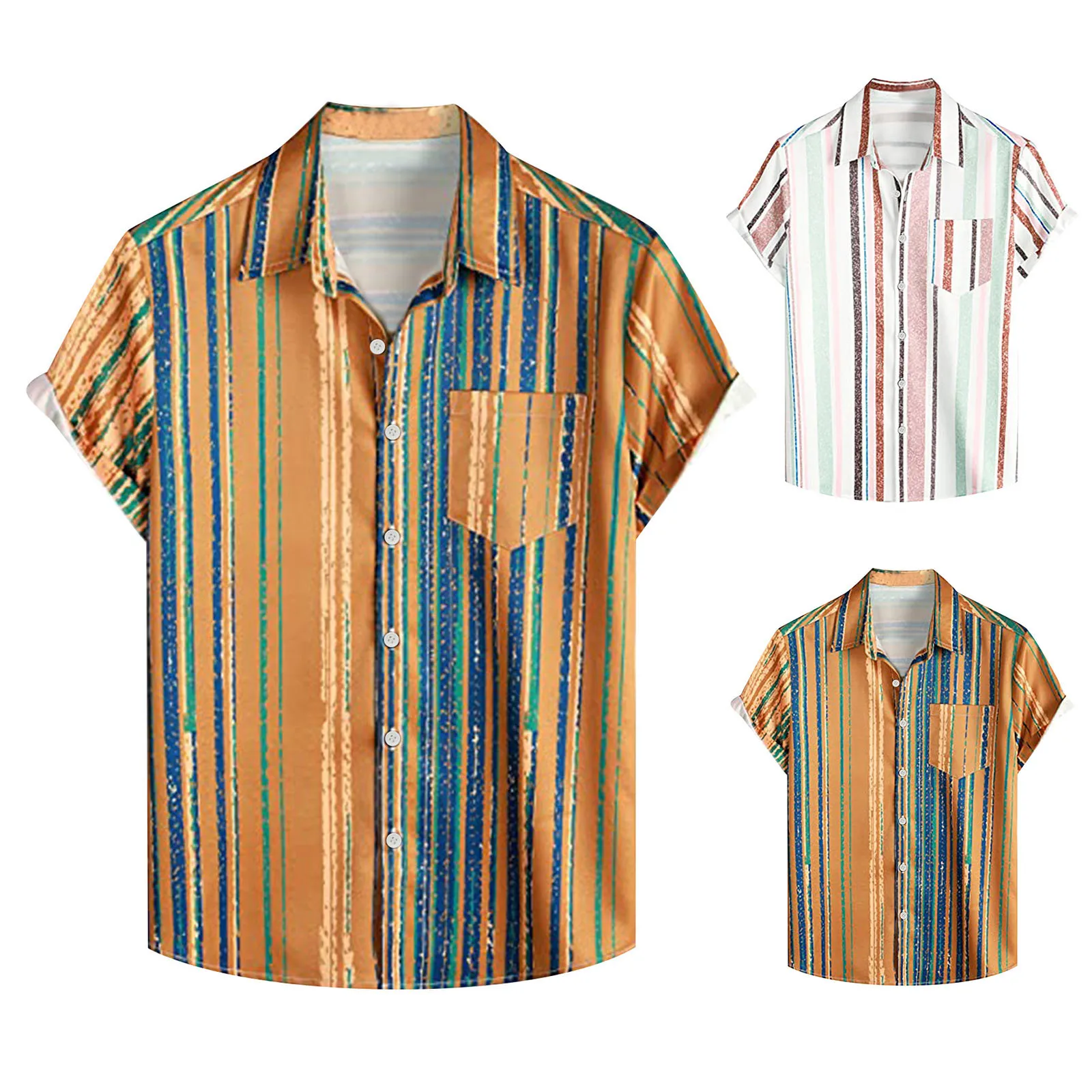 

Tee T Shirt Mens Fashion And Leisure 3D Digital Printing Buckle Pocket Lapel Short Sleeve Shirt Top Men Set