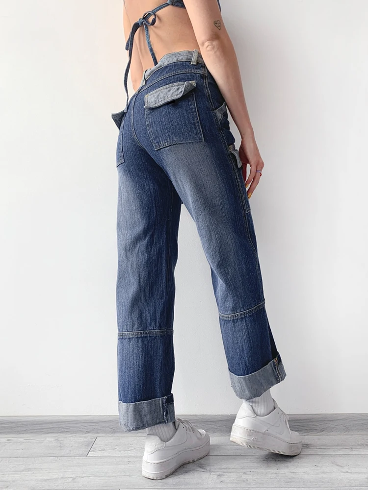 WeiYao Hig Street Pockets Patchwork Denim Cargo Jeans Women Straight Leg Streetwear Vintage Mom Jeans Womens Aesthetic Blue