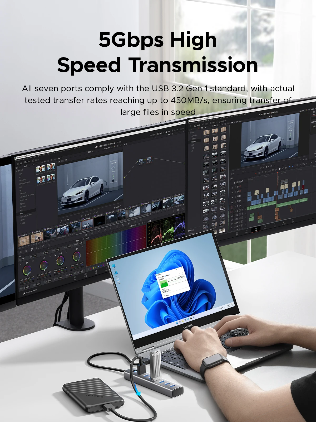 ORICO Док-станция USB 3.0 HUB 5Gbps 7-портовая A Type C S для ноутбуков Surface Macbook