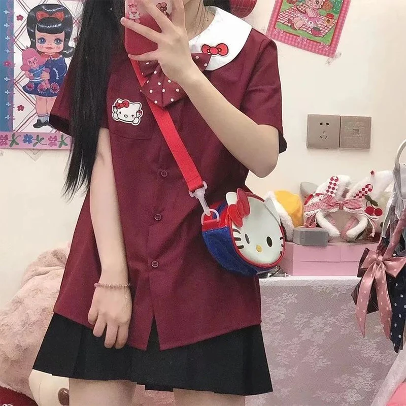 

Summer New Short-Sleeved Shirt Jk Pleated Skirt Cartoon Hello Kitty Print Comfortable and Versatile College Style Suit Students