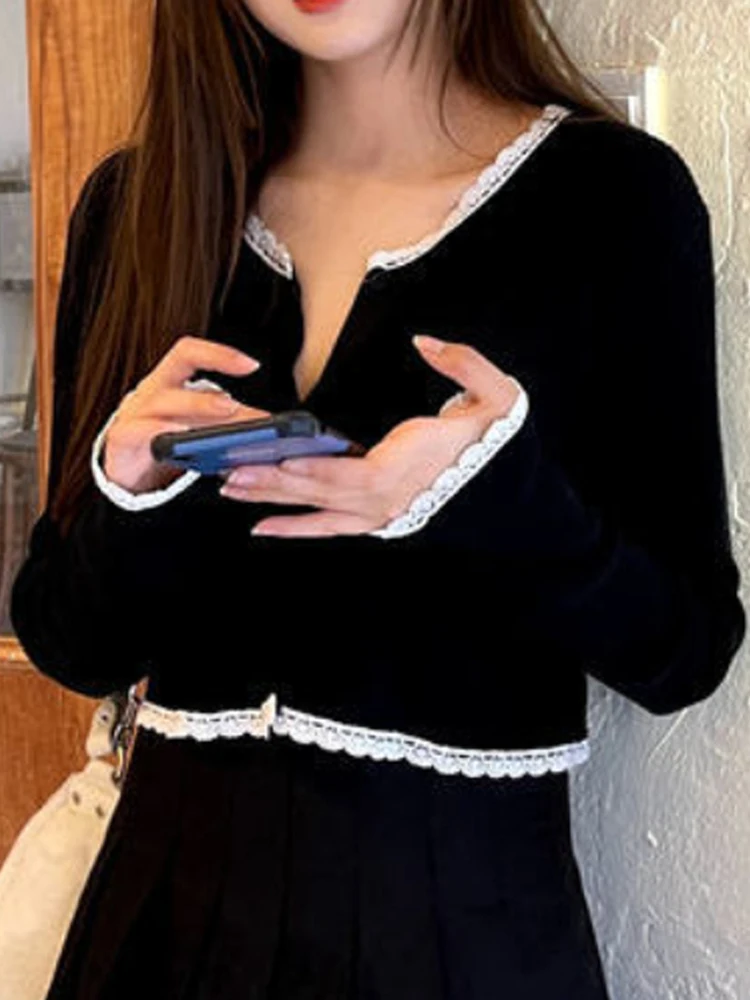 

Crop Cardigan Women Black Sweater Ladies V Neck Single Breasted Top Long Sleeve Coat Female Simple Knitwear Sueter Feminino