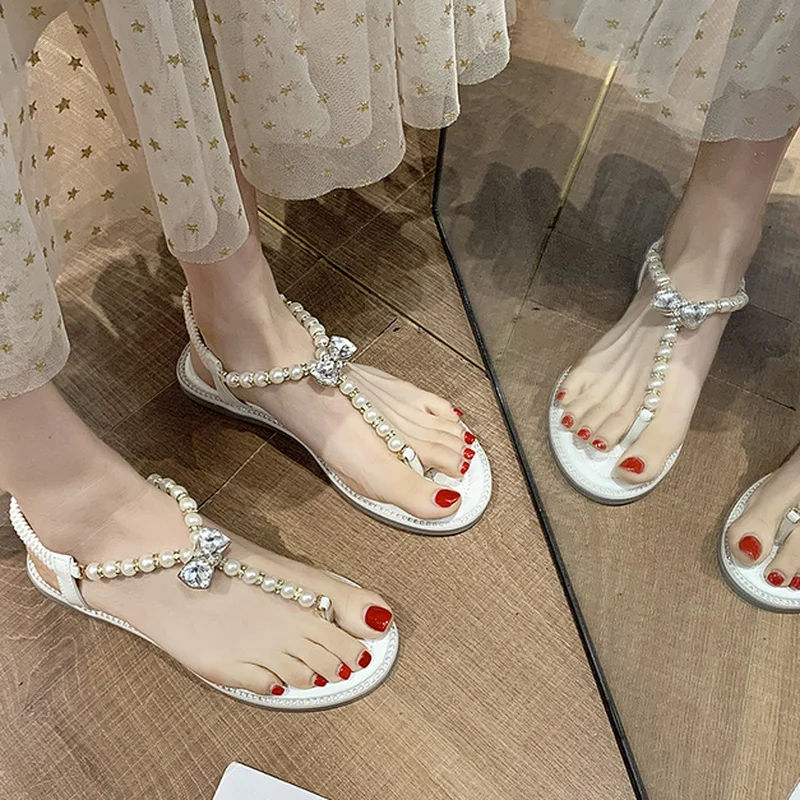 

Сандалии женские с жемчугом, пляжные Босоножки с открытым носком, туфли в римском стиле, роскошная модная повседневная обувь, 2022