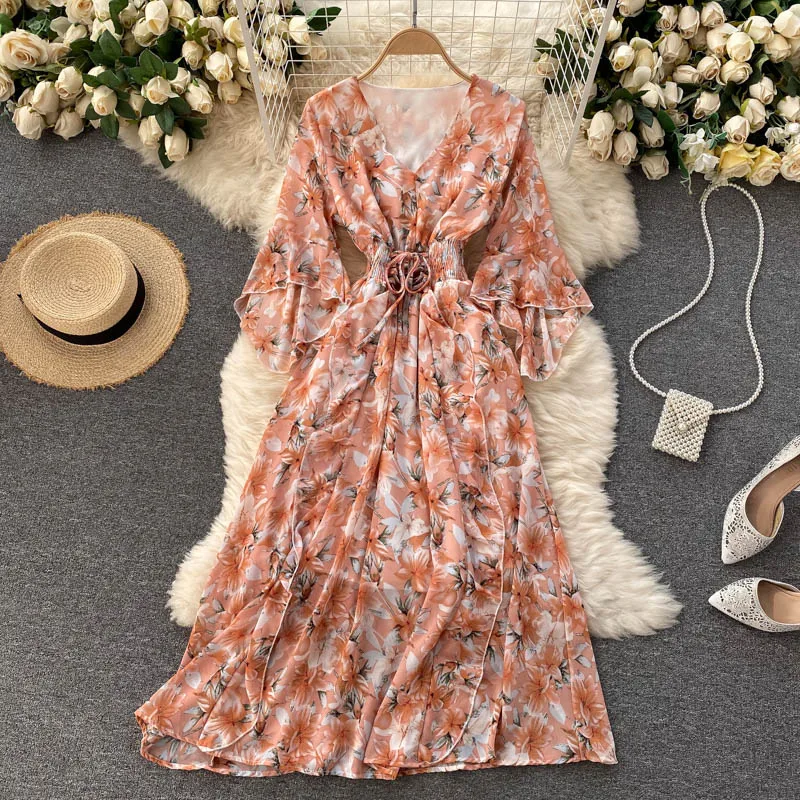 

Fairy Holiday Dresses For Women 2022 New Spring Summer Temperament V-neck Women's Dress Straps Sweet Floral Beach Dress Woman