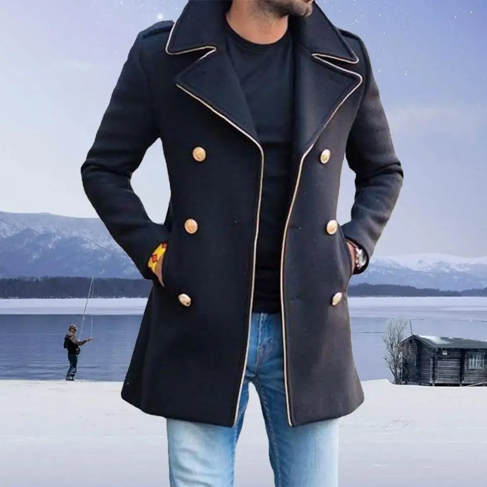 

Popular Men Jacket Windproof Slim Fit Turndown Collar Windbreaker Double Breasted Winter Men Overcoat for Work