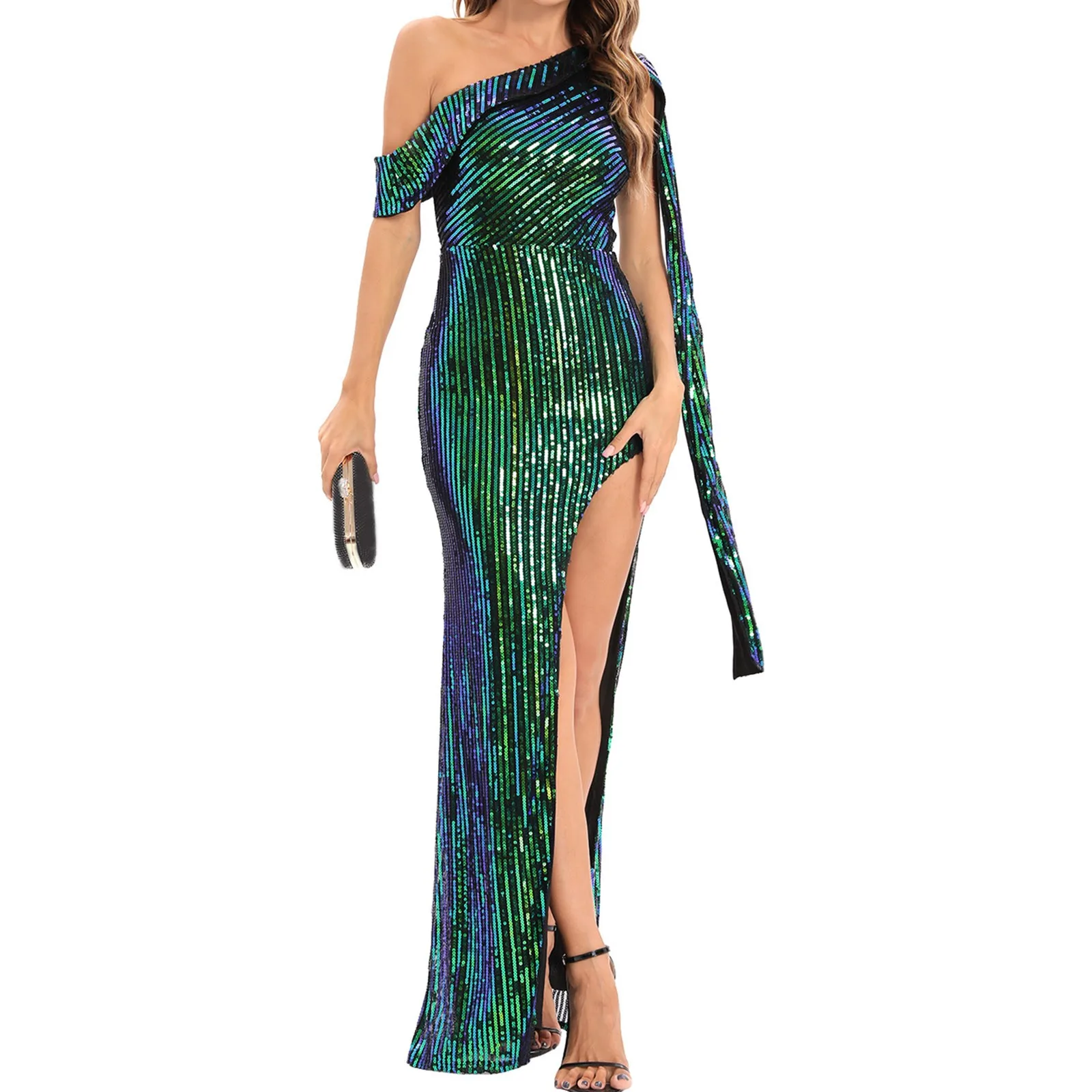 

Women's Sexy Slanted Shoulder High Slit Sequined Stretch Evening Dress Female Sexy Sequin Maxi Dresses For Women Party Vestidos