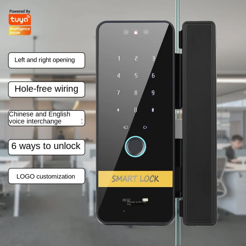 Стеклянный умный дверной замок с граффити без рамы для офиса функцией