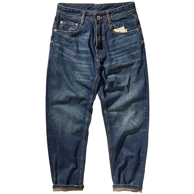 Heavy retro jeans, baggy straight-leg tapered pants, Amy khaki cat whiskers, washed and worn pants