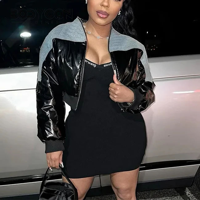 

Куртка-пуховик женская короткая из искусственной кожи, на молнии