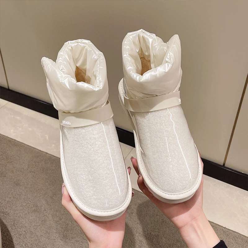 

Woman Flat Boots Transparent Heel Femme Plush Boots-Women Australia Winter Footwear Shoes Round Toe Low Leather Fur 2022 Snow A