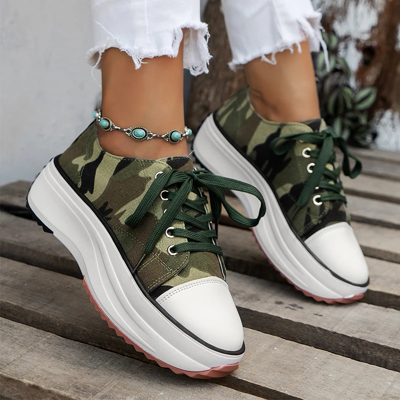 

Platform Women Canvas Shoes Flats Camouflage Sandals 2023 Autumn New Fashion Lace Up Walking Shoes Casual Sport Mujer Zapatos