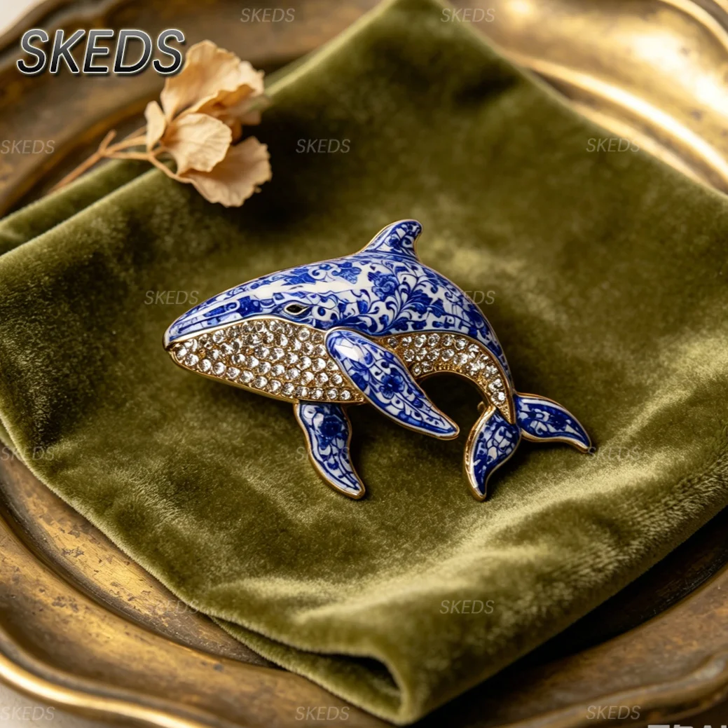Фото SKEDS Китайские сине-белые фарфоровые броши с животными, разнообразные стили: Дракон, Бабочка, Колибри, Краб, Лягушка, Кит, Жук, Эмалевые значки на лацкан №4